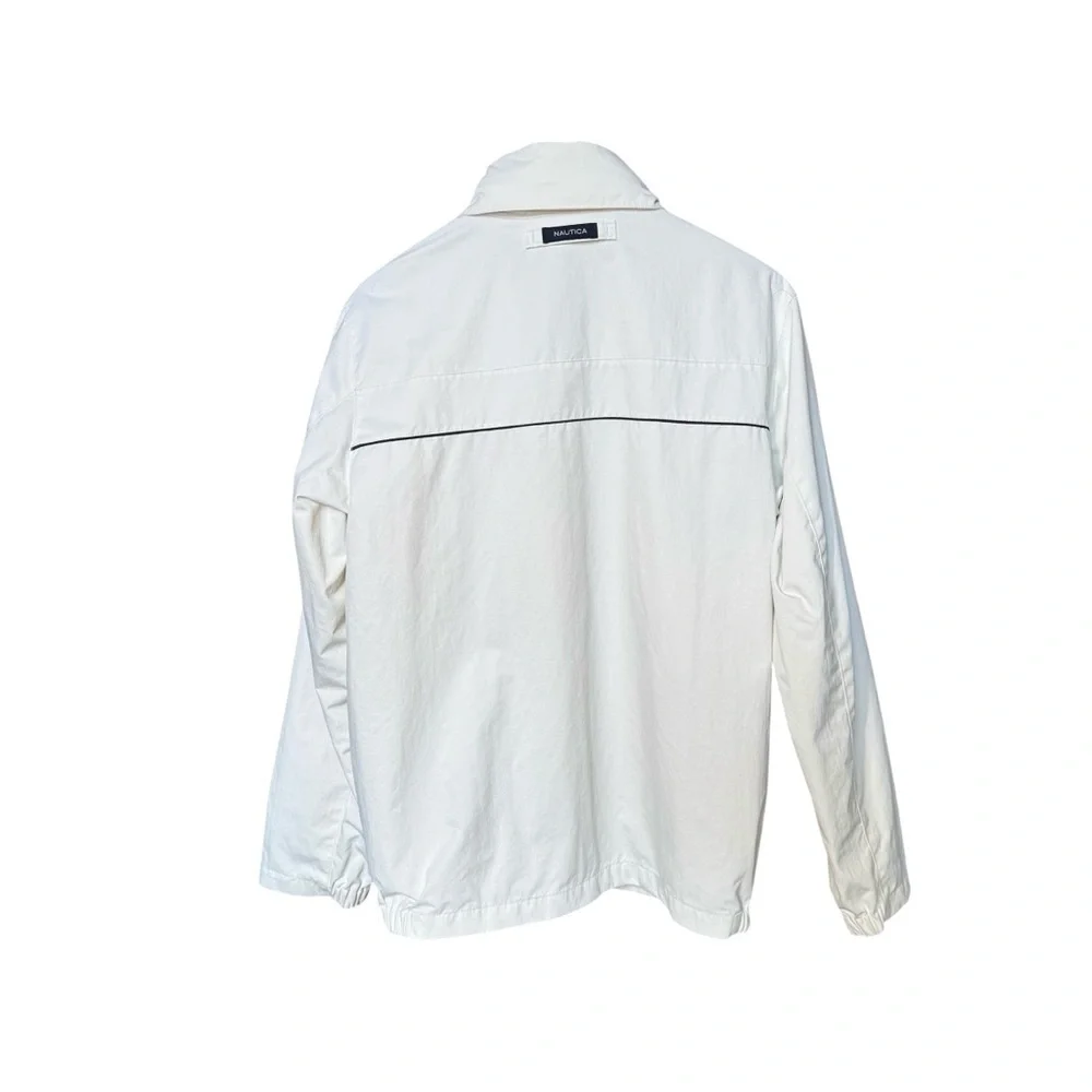 Nautica Men's Large White Sailing Windbreaker Jacket Hood Under Collar Tuck